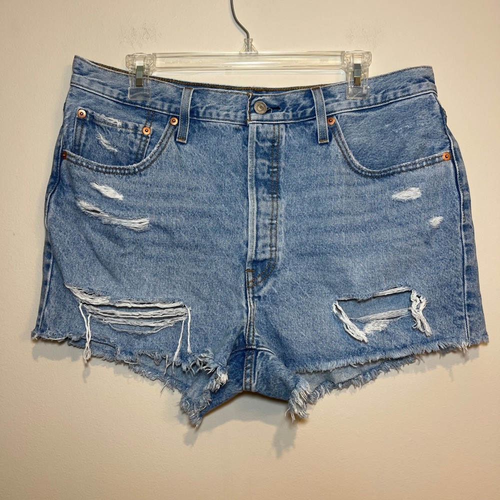 Levi's Jean Shorts 501 Distressed Cutoff Button Fly Blue Denim Size 33 Festival